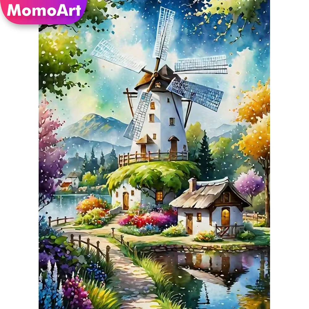 Momoart Diamond Painting Windmühlen-Landschaft DIY Nadelarbeit Diamant-Mosaik Hausbild mit Strass-Steinen Stickerei Wanddekoration