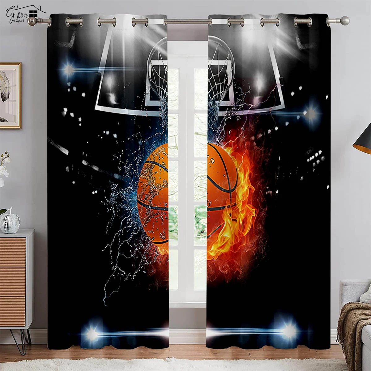 2pcs Cool Basketball 3D Printed Curtains Slam Dunk Competition Living Room Boys Room Decorative Curtains Machine Washable