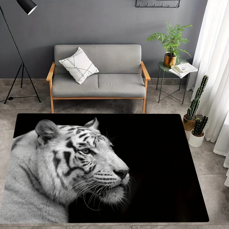 White Tiger Water Reflection Dark Print Large Area Rug Soft FBlue Glannel Non Slip Floor Carpet for Living Room Modern Decor