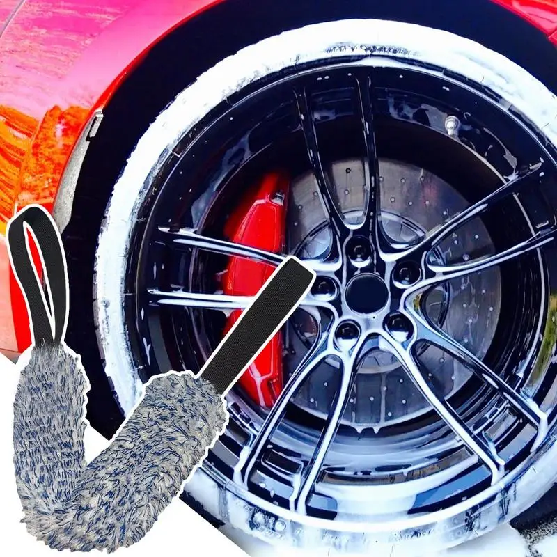 Car Wheel Wash Brush Wheel Corner Plush Car Drying Towel Portable Double-Sided Rim Cleaning Brush With Long Strap For Home