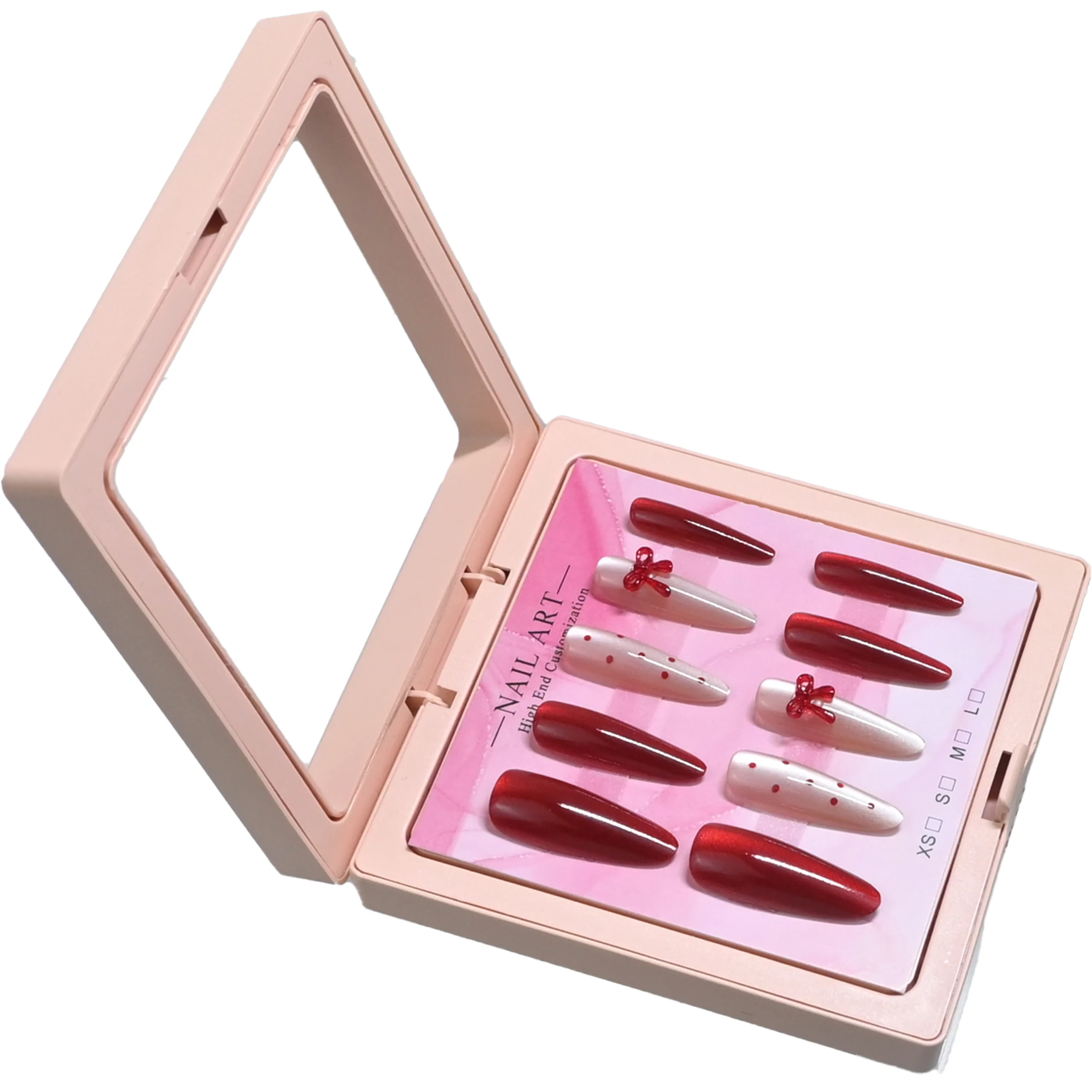 10 handmade stiletto nails in pink gift box. Burgundy cat-eye base with nude polka dots & 3D bows. Reusable, sweet retro style f view 3