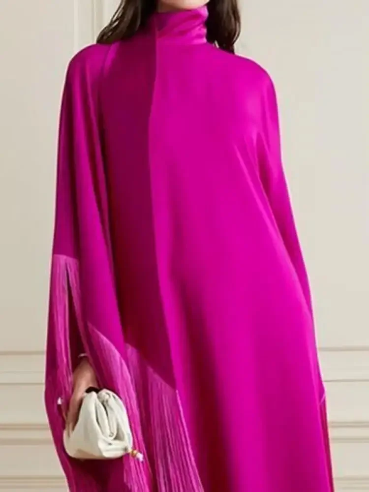 Missuoo Solid Fuchsia Tasseled Dress for Women 2024 Fall New High Neck Split-Joint Batwing Sleeves Loose Fit Evening Dresses