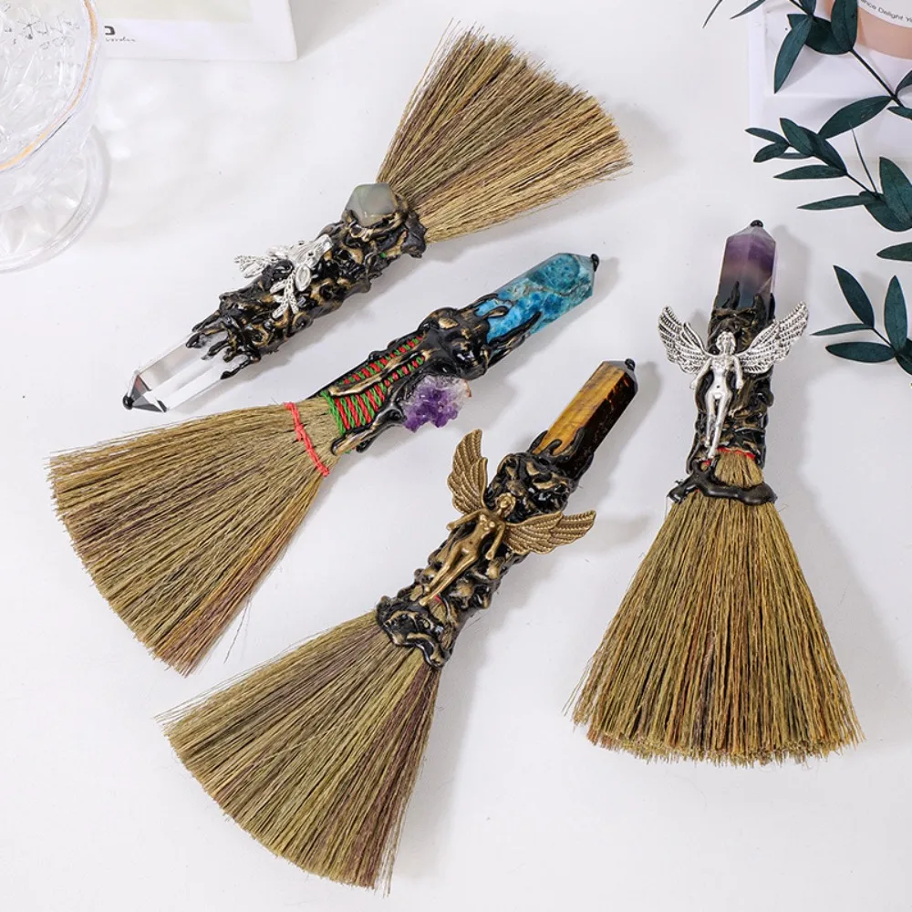 

Charm Natural Crystal Column Point Stone Broom Rough Stone Handmade Witch Broom Ornaments Mini Broom Craft Desktop