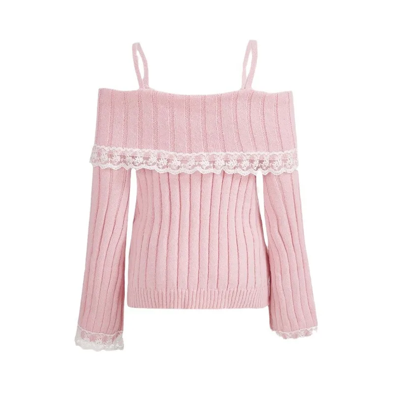 DelicateLace Top OffShoulder Ruched Textured Cami OneStrap SlimFit FigureFit Sweater AutumnFloral LaceTrim Cozy Pullover