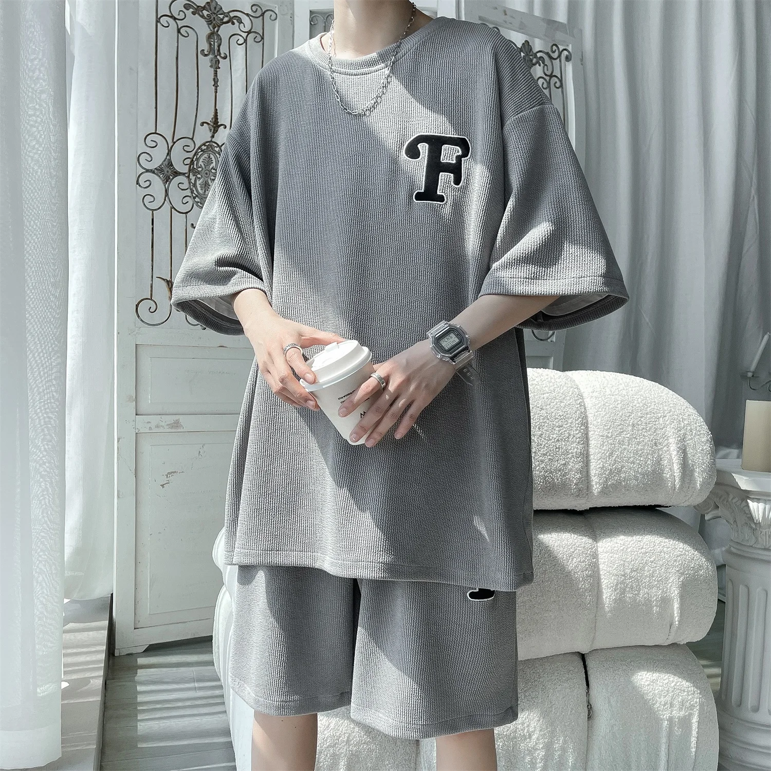 

Мужской летний комплект из футболок с коротким рукавом из ледяного шелка: модная свободная спортивная одежда с вышивкой, охлаждающая, креативная и стильная