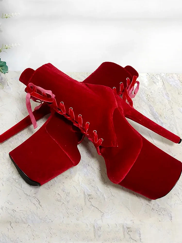 Flock Lace Up Platform Ankle Boots Sexy Fetish 20cm Women Exotic Pole Dance Shoes 8Inches Fashion Nightclub Stripper Heels Model