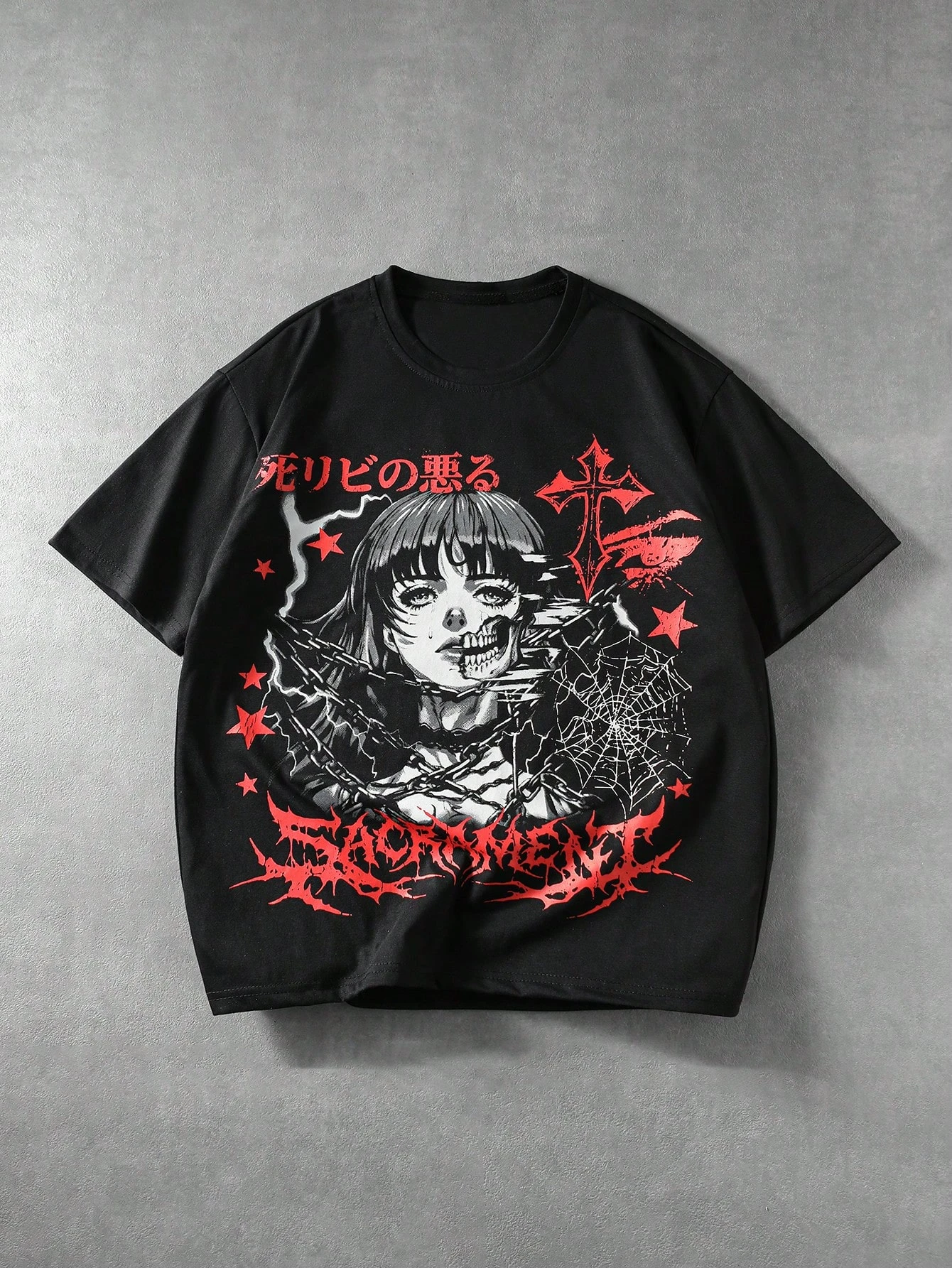 2026 New Y2K Family Matching Unisex Oversized T-Shirt Dark Anime Girl Skull Cross Spider Web Chest Front Print Streetwear Tops