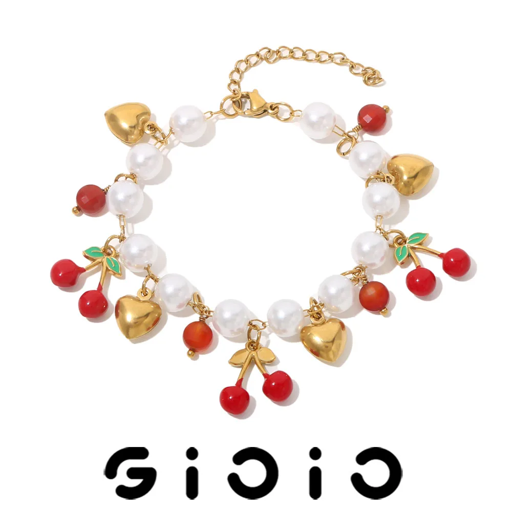 

GIOIO Sweet Cute Style Cherry Heart Pearl Pendant Bracelet Stainless Steel Gold-Plated Waterproof Fashion Y2K Fruit Gold Jewelry