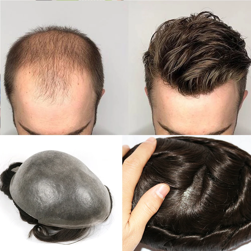 

0.06mm Thin PU Skin Mens Toupee Human Hair, Natural Black Mens Hair Piece V-looped Hair Wig for Men Replacement Hair System