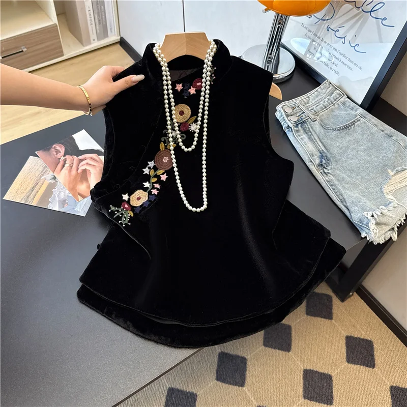 

Новый китайский бархатный джет, женский осенне-зимний жилет с вышивкой на пуговицах по бокам, верхняя одежда, круглый топ