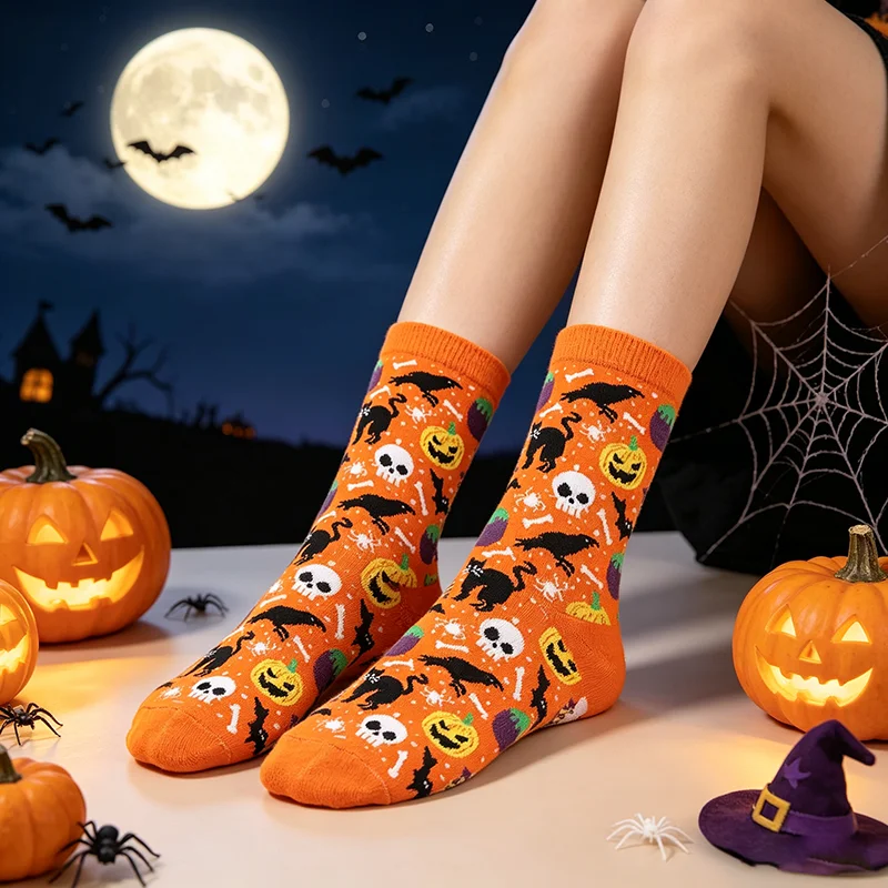 5 Pairs Halloween Casual Women Socks Creative Cosplay Hip Hop Novelty Harajuku Bone Spider Web Male Skateboard Couple Long Socks
