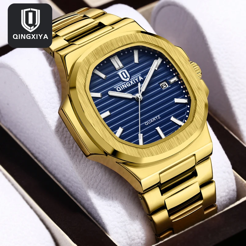 QINGXIYA Brand Fashion Square Dial Quartz Watch for Men Gold Stainless Steel Waterproof Luminous Calendar Luxury Mens Watch