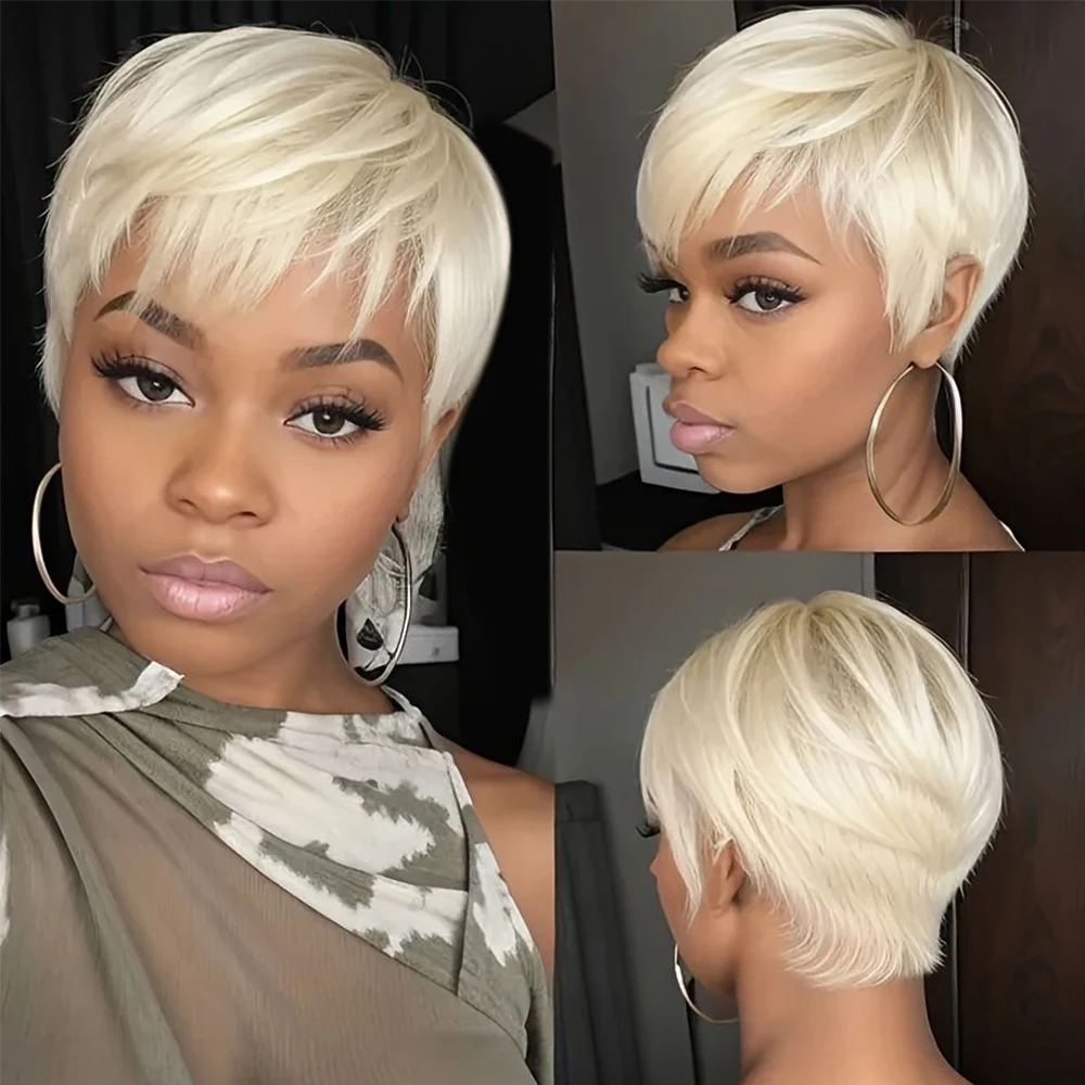 

613 Blonde Color Straight Human Hair Wig for Women Short Pixie Cut Wig Full Machine Made Wig 150% Density