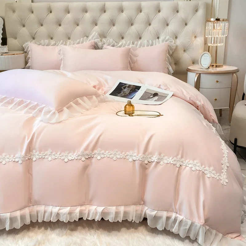 2025 New Luxury Bed Linen Set, Ice Silk, Featuring Korean - Style Lace and French - Inspired Embroidery, for 1.2m - 2.0m Beds