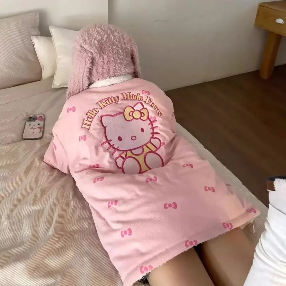 

Winter Hello Kitty Women Lined with Velvet Thickened Coat Kawaii Sanrio Anime Cotton Jacket Warm Rabbit Fur Coat Tops Cute Sweet
