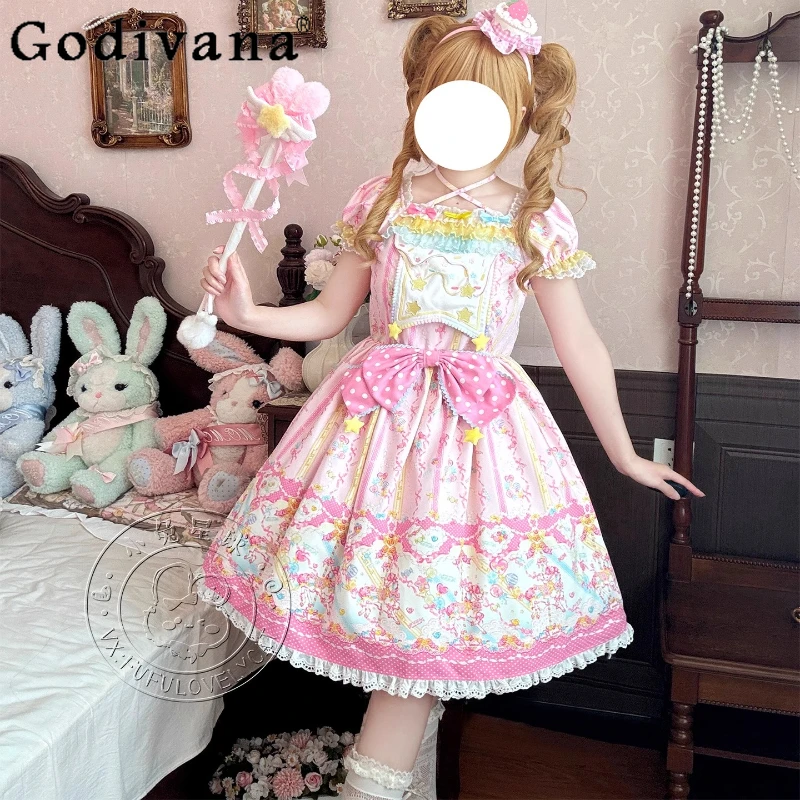 

Original Japanese Lolita Cos Dress OP Soft Girls Sweet Cute Bow Print Puff Sleeve Short Birthday Party Dress Y2K Princess Dress