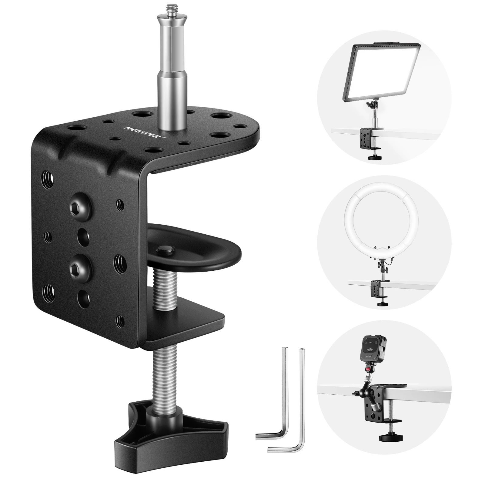 NEEWER Hochleistungs-C-Schreibtischklemme mit Befestigungssäule für Lichtständer, verstellbare Tischklemme aus Metall mit 1/4 Zoll 3/8 Zoll Gewinde – Detail 1