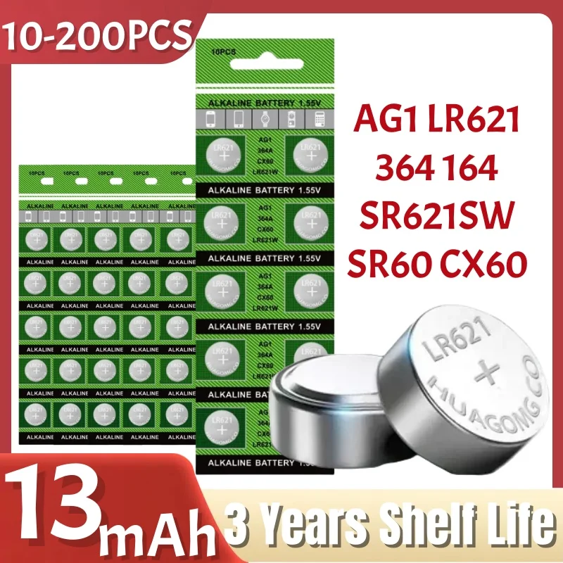 

UKGF 10-200 шт. AG1 батарейка-таблетка LR621 364 164 531 SR621 SR621SW SR60 CX60 1,5 В батарейки-таблетки для часов, игрушек, пульта дистанционного управления