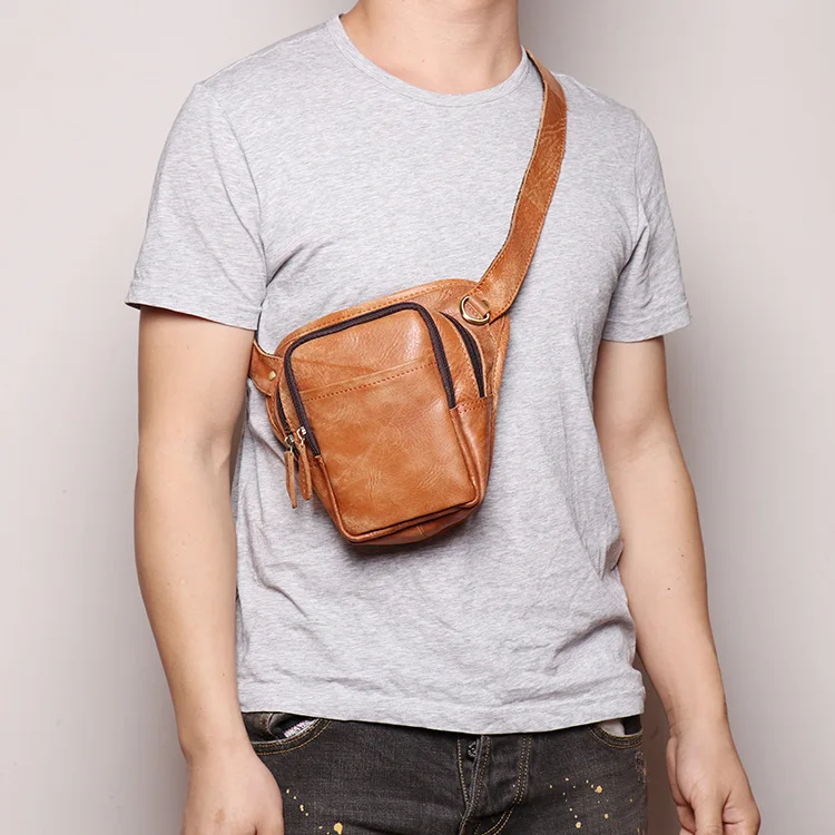 Leather men's matte waist bag, cowhide men's chest bag, large capacity, diagonal cross for mobile phone storage