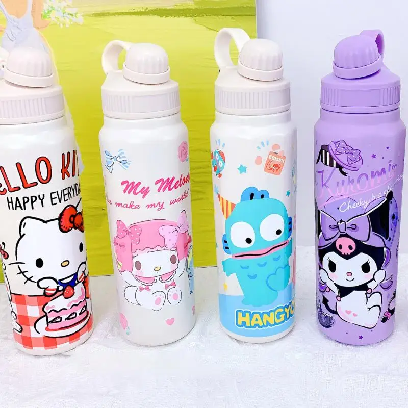 Hot Sanrio Sus304 840Ml Girl Straw Thermal Cup Kawaii Hello Kitty Cartoon Cute Large Capacity Anti-Fall Outdoor Sports Bottle