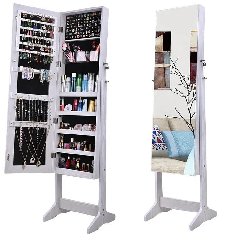 White Framed Wooden Fixed Floor Mirror Jewelry Cabinet