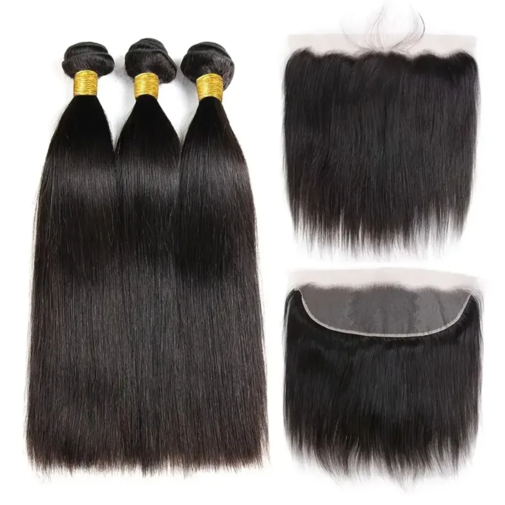 Straight Human Hair Bundles With Closure Brazilian Human Hair 3 Bundles With Frontal 13X4 Transparent Lace Natural Black Color