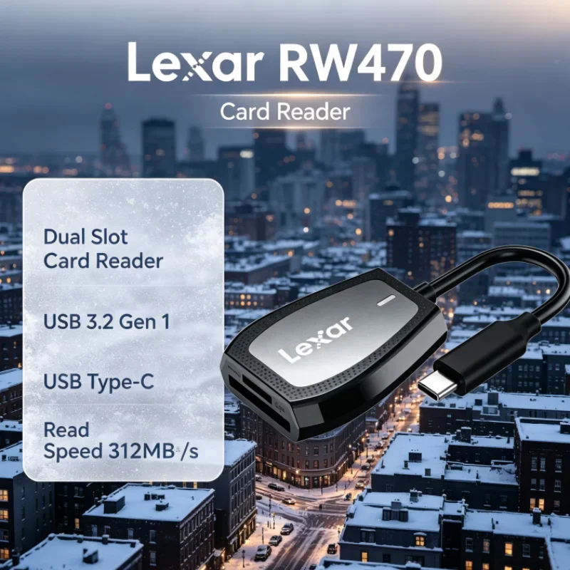 Lexar RW470 USB 3.2 Gen1 2-in-1 Dual Slot Type-C SD microSD Card Reader UHS-II for SD Card Data Transfer