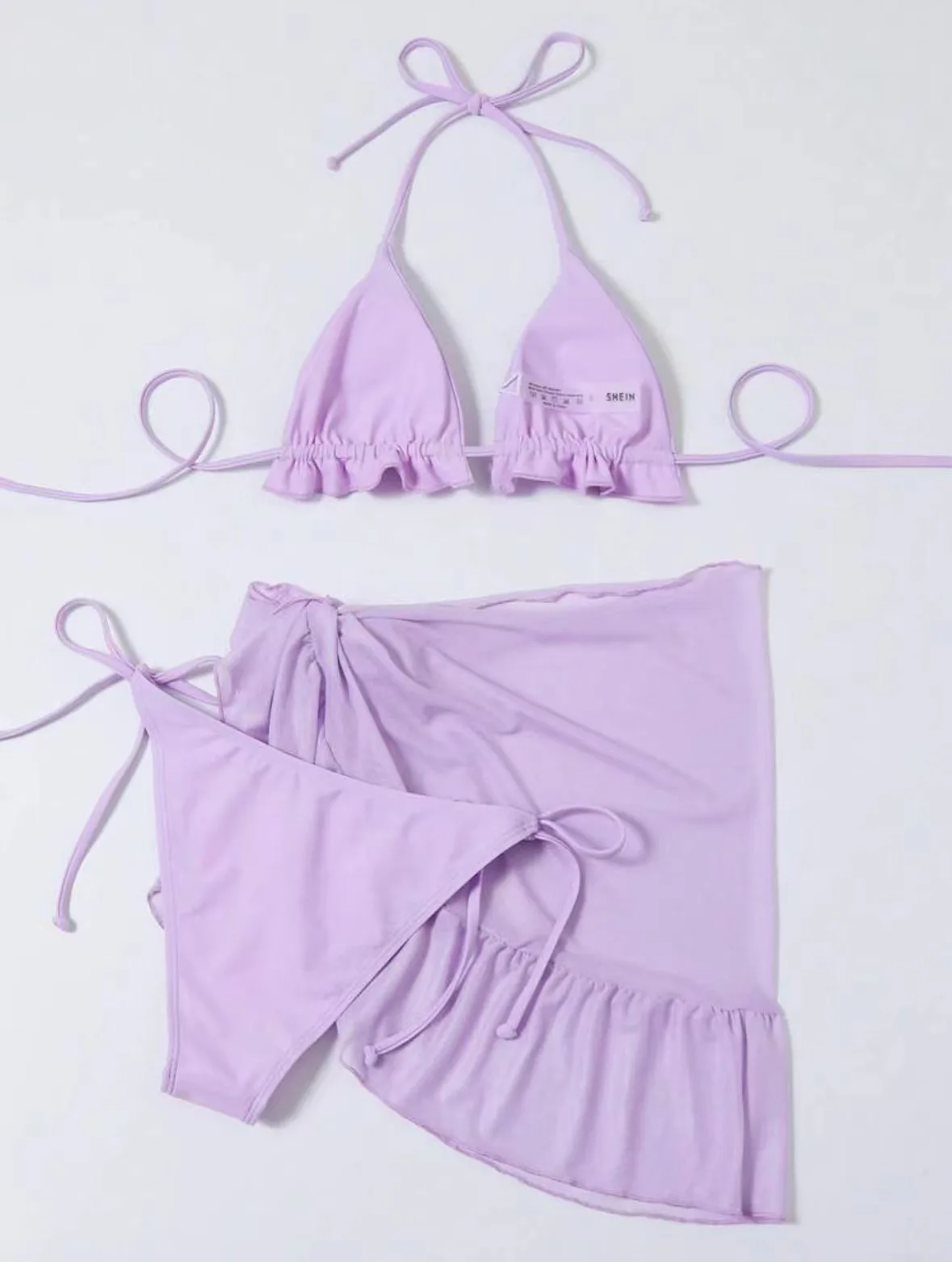 Women Frech Chic Bikini Sets Three Pieces with Mesh Skirt Swimsuit Tie Halter Purple Swimwear Bathing Suit Beach Outfits Biquini