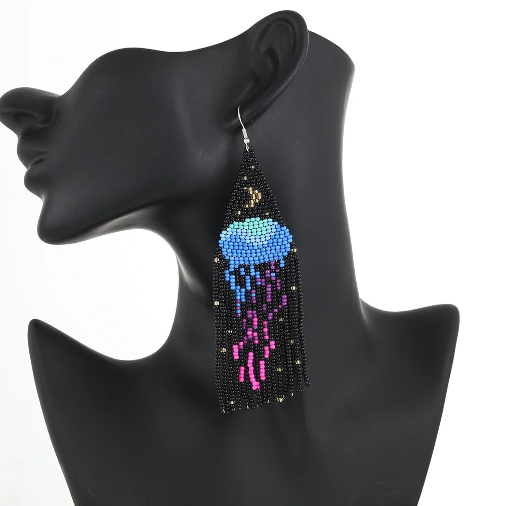 ZGMXR Rice bead earrings Tassel Originality Medusa Fashion Simple Hand knitting Alloy Bohemia Female Jellyfish Beaded earrings