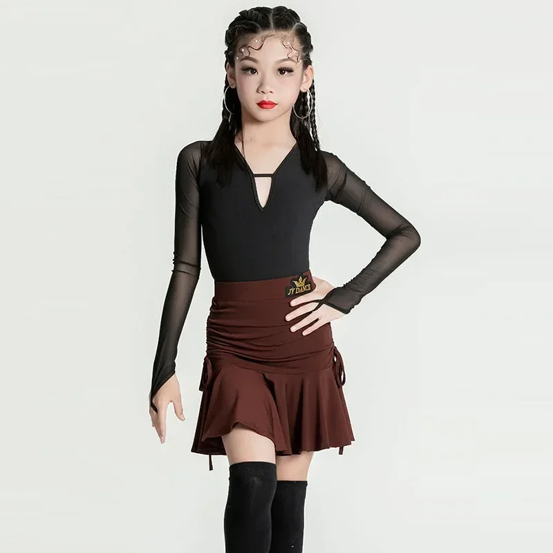 

Autumn and Winter Latin Dance Dress Girl's Mesh Top High Grade Split Set Dance Dress Long sleeved Dance Practice Performance Dre
