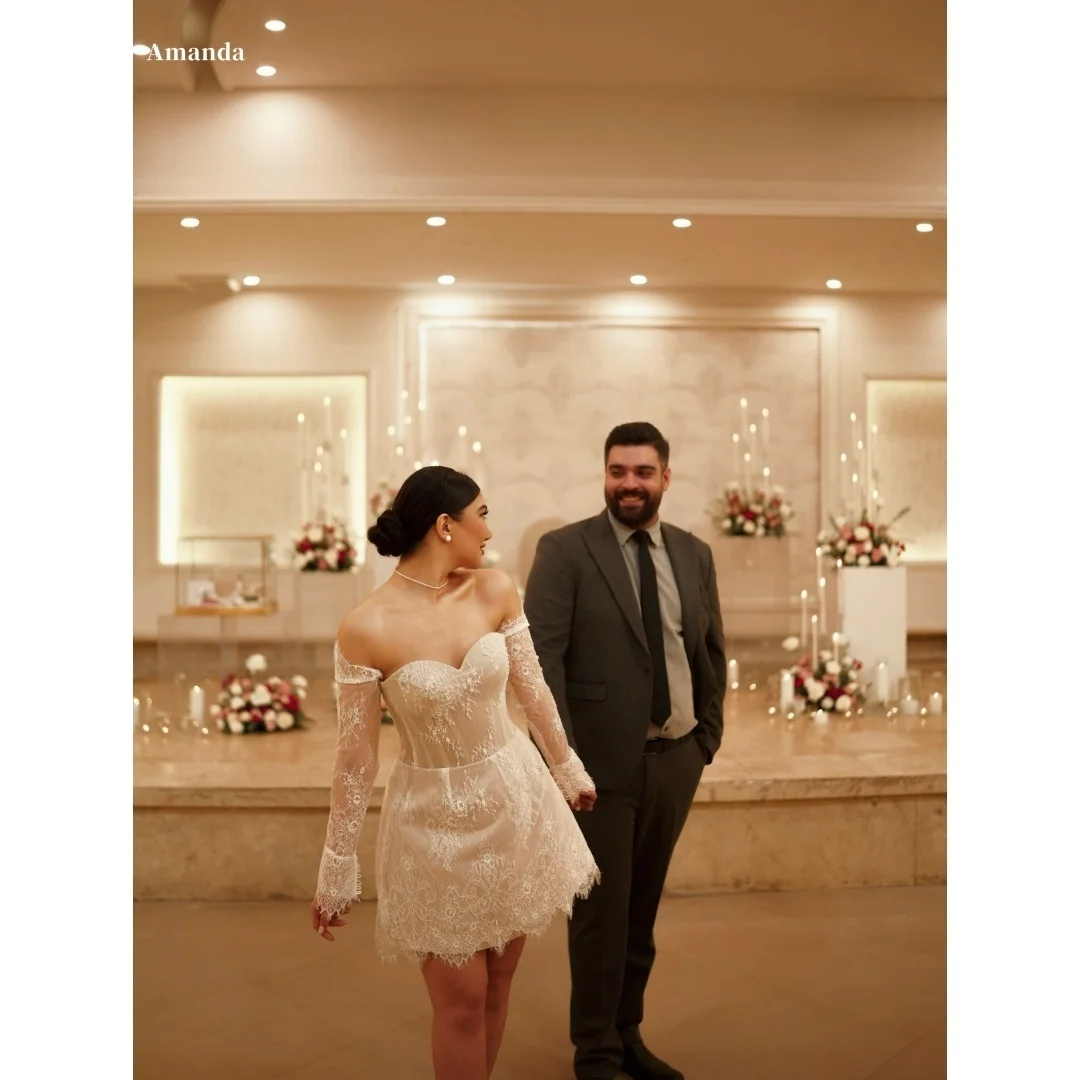 

Amanda Customized White Strapless Sleeves Beaded Prom Dress Strapless Backless vestidos de noche Mini Skirt Lace Formal Evening