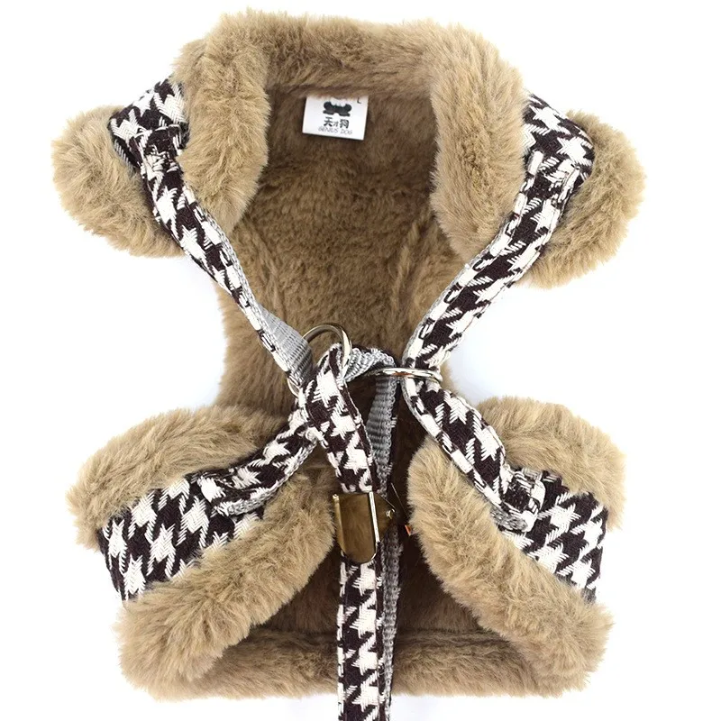 Faux Fur Pet Dog Harness Set Winter Warm Puppy Cat Dog Harness and Leash Set Houndstooth