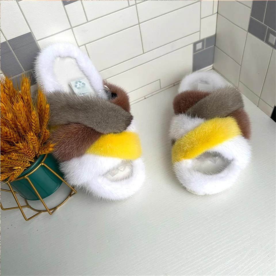 Mink Fur Slides Slippers Women Cross Warm Comfort Open Toe Fluffy Fuzzy Slippers Woman Autumn Winter Slipper Non Slip Women Shoe