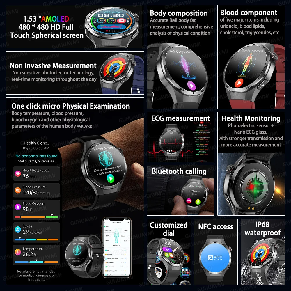 

2025 New Health Smart Watch AMOLED Screen ECG Blood Pressure Men's Three Highs Uric Acid Bluetooth Call Smartwatches