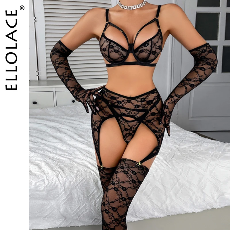 

Ellolace Sensual Sexy Adult Female Lingerie Seductive Sheer Women's Underwear Gloves Socks Sissy Black Bridal Dancer Custume