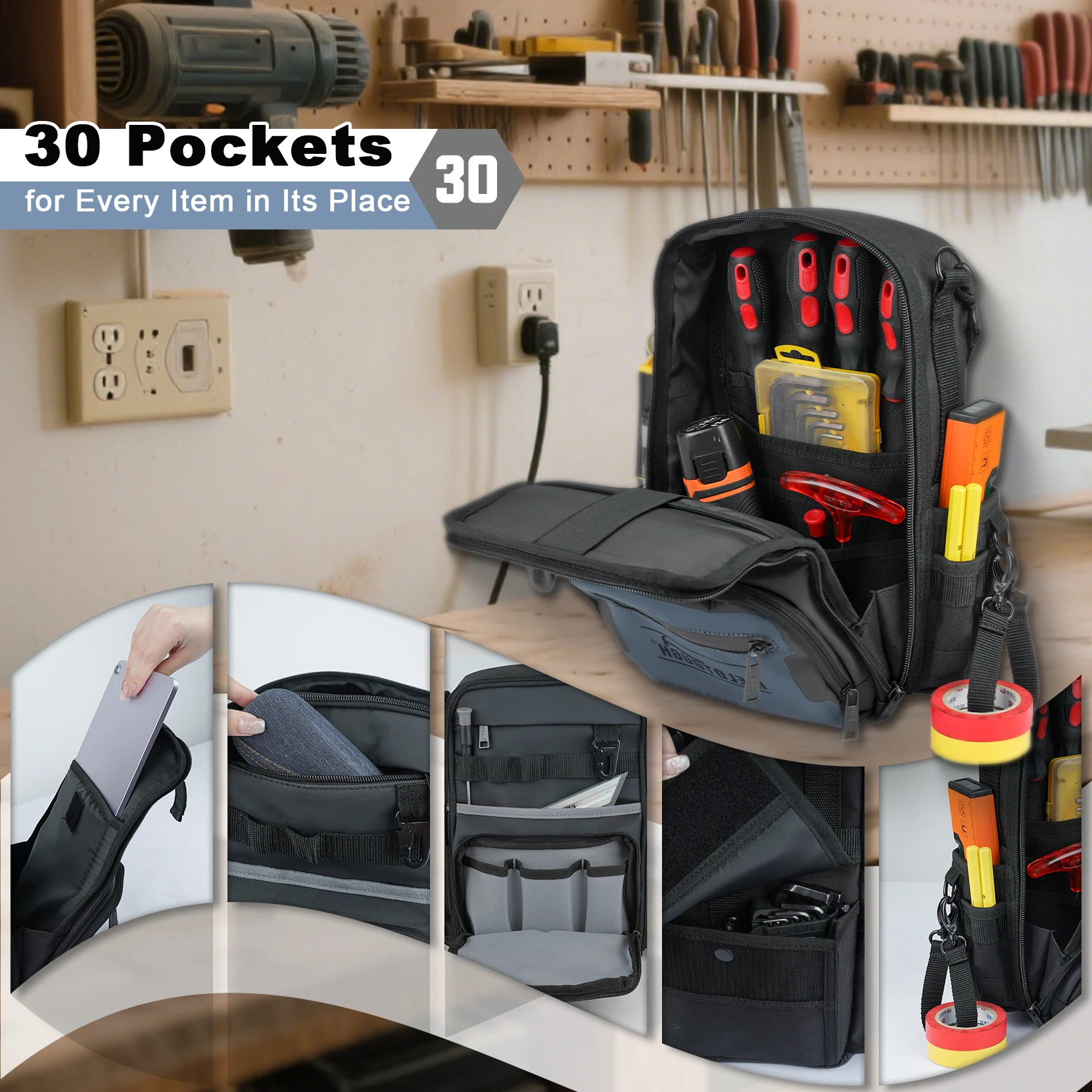 حقيبة ظهر صغيرة للرجال 30 جيوب متعددة التخزين حقيبة أدوات شديدة التحمل مع حزام كتف مزدوج الشكل #4