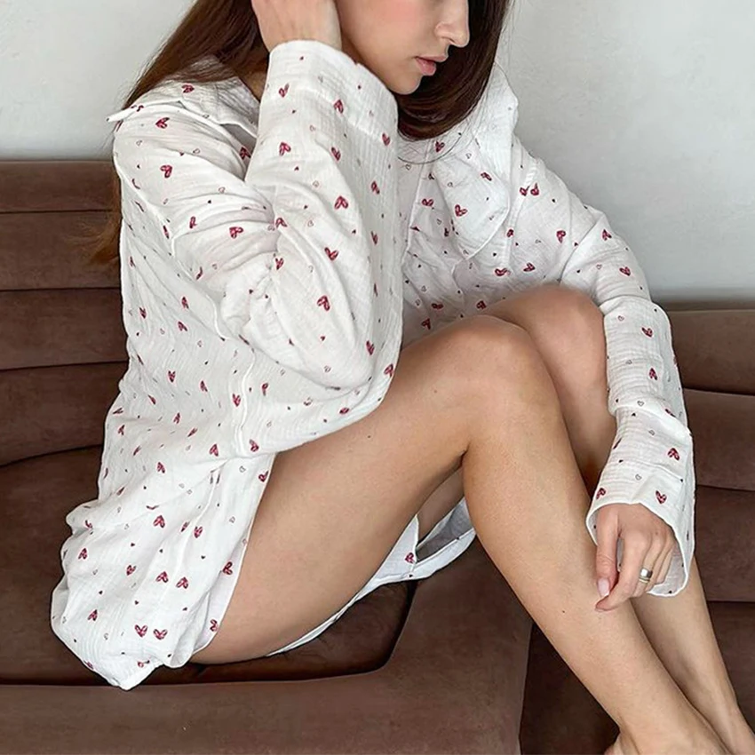 Autumn 2024 New Love Print Ruffled Sleepwear Women\'s 100% Cotton Pyjama Long-sleeved Shorts Pajamas Home Wears 2Pcs Nightwear