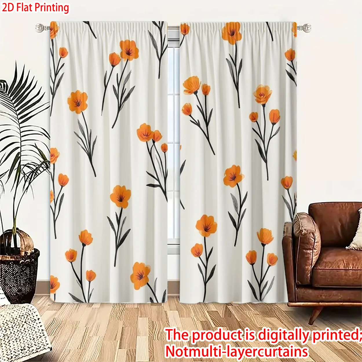 Elegant Digital Print Orange Floral Curtains Decorative Window Panels Modern Cottage Style Curtain Home Decor for Living Room Be