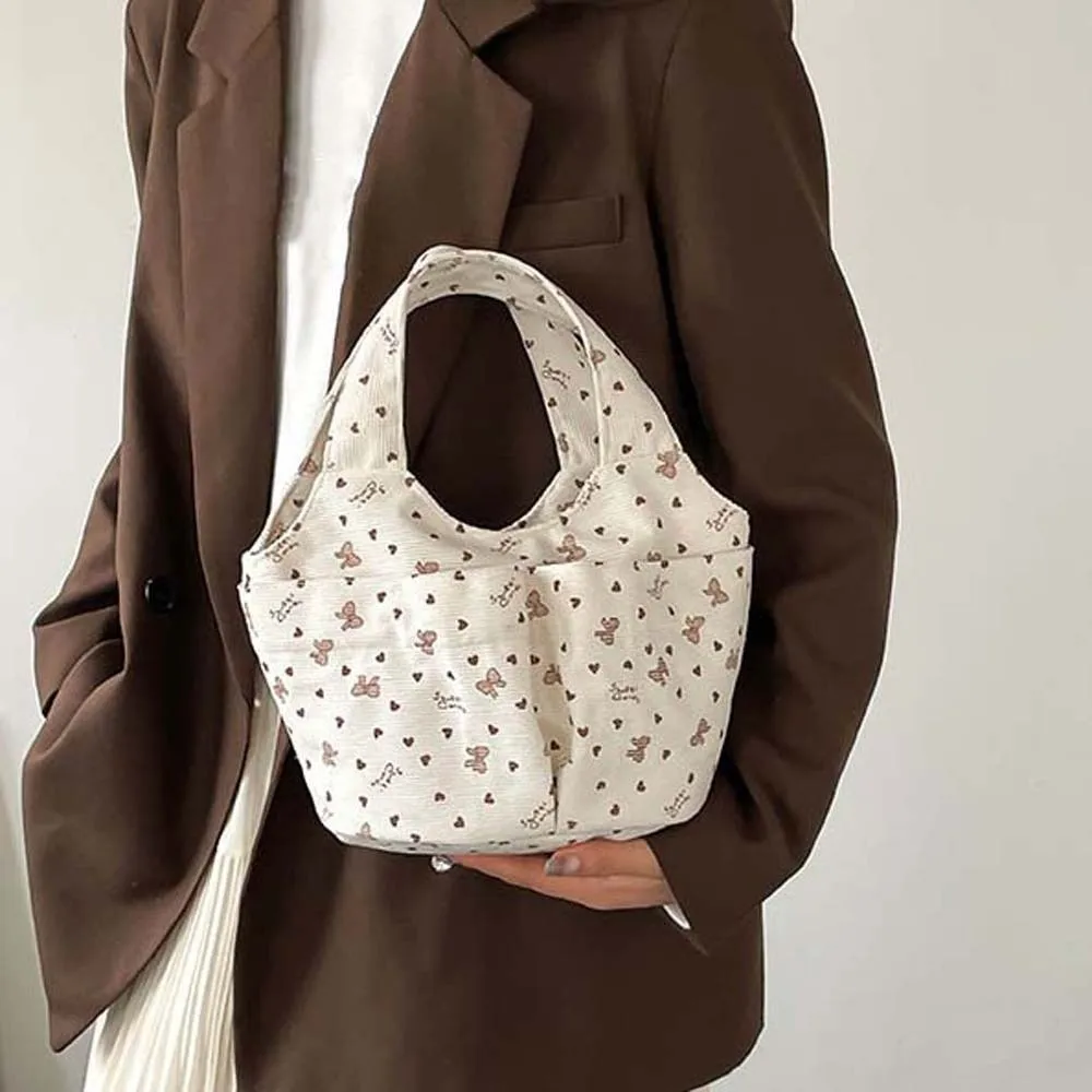

Versatile Bow Printed Mini Handbag Sweet Magnetic Button Multi-pockets Small Tote Multi-function Polyester Lady Hand-held Purse