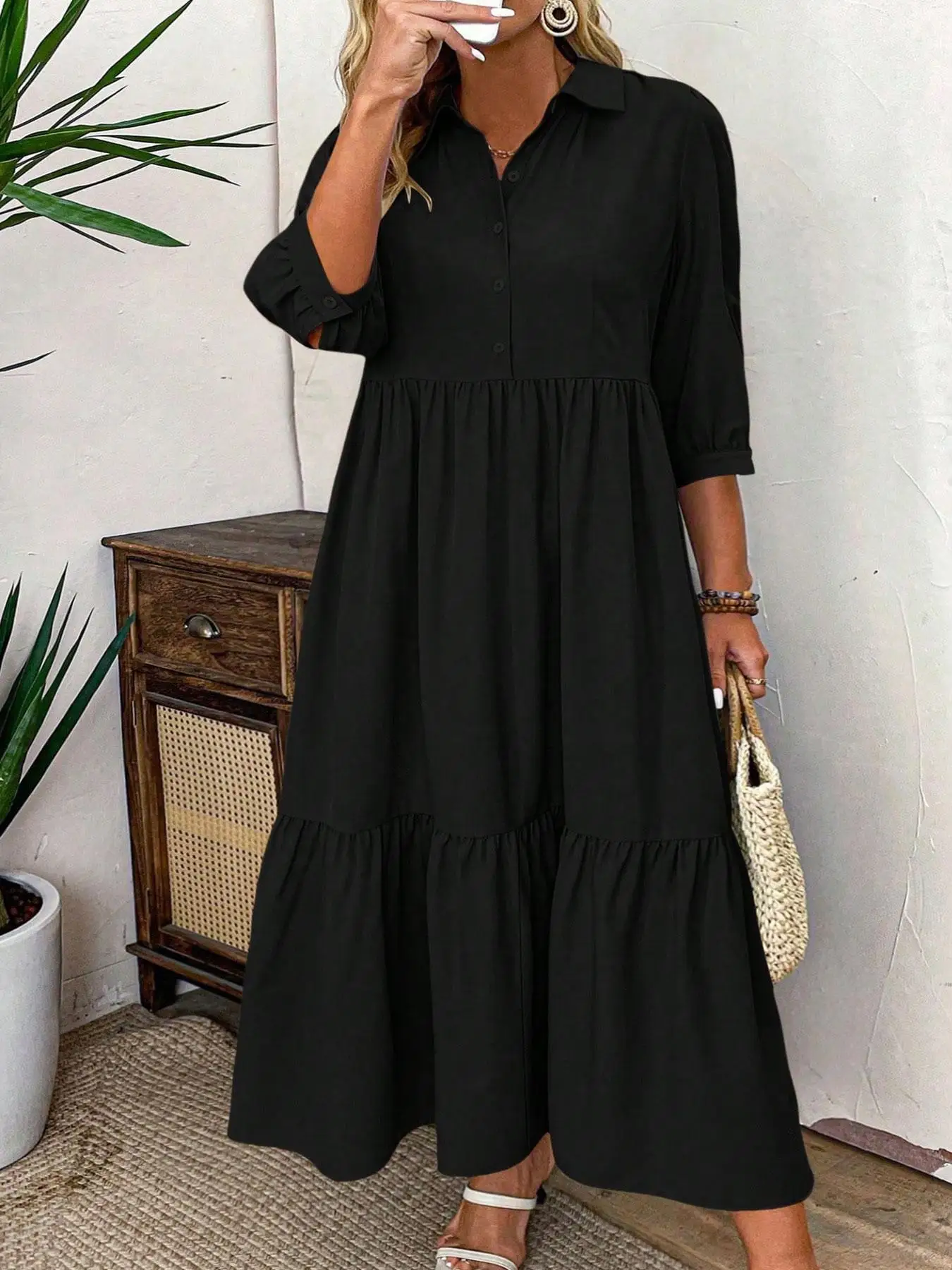 

【Plus Size】 Solid Color Dress, Casual Modest Long Dress for Daily Wear, Women's Plus Clothing for All Seasons