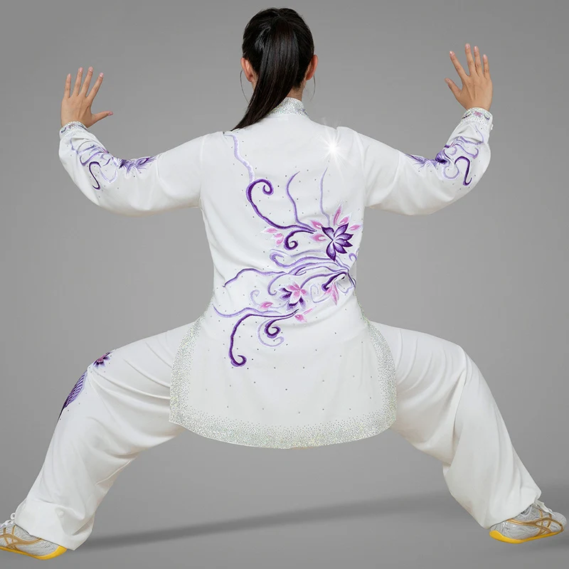 Custom Women's Premium Heavy Rhinestone White Lotus Phoenix Embroidery Tai Chi Suit - Silk Hemp Martial Arts Uniform Spring Summ