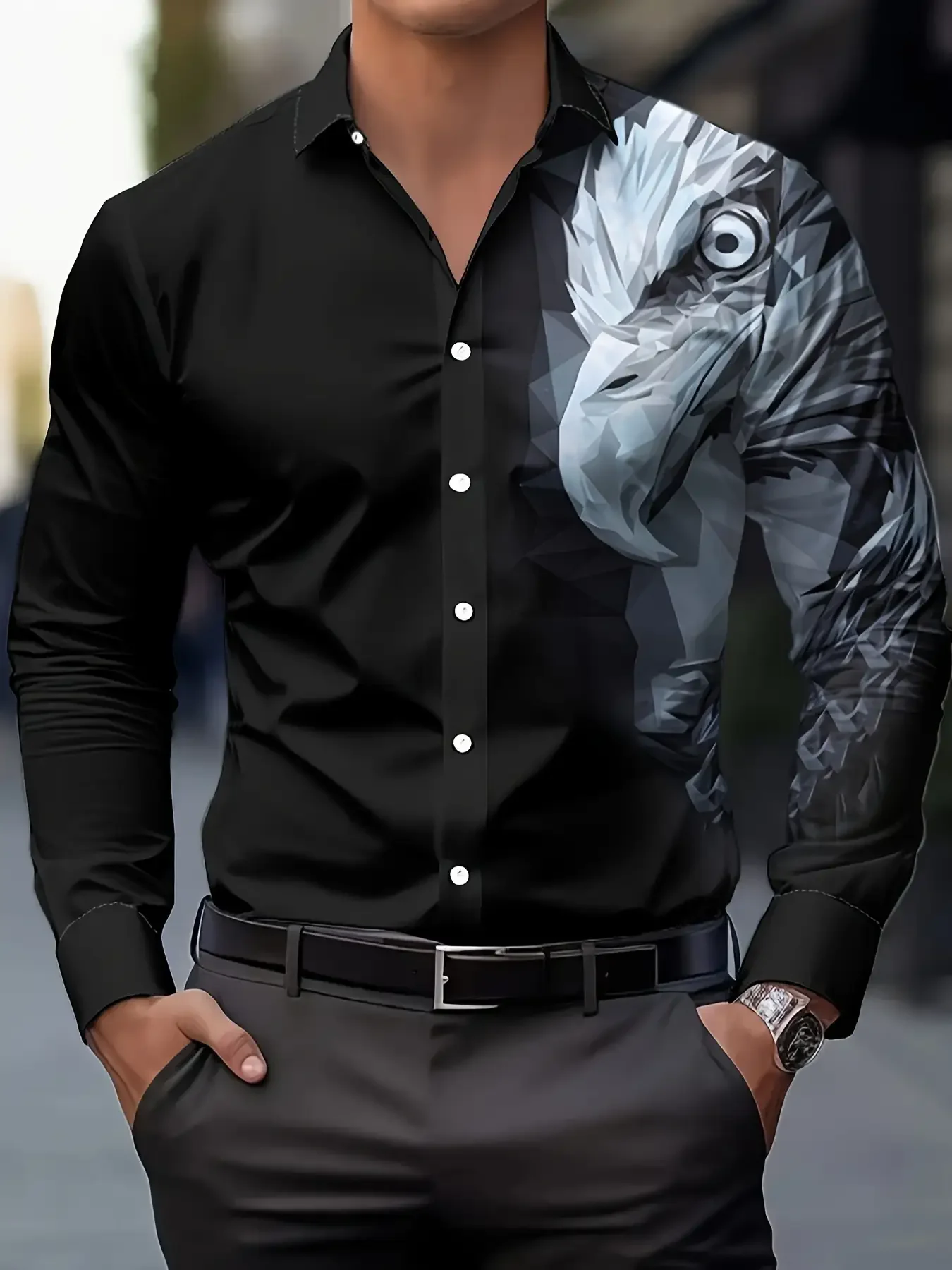 

Men's Business Casual Shirt - Elegant Eagle Print Button-Up Top, camisas de hombre elegantes de lujo