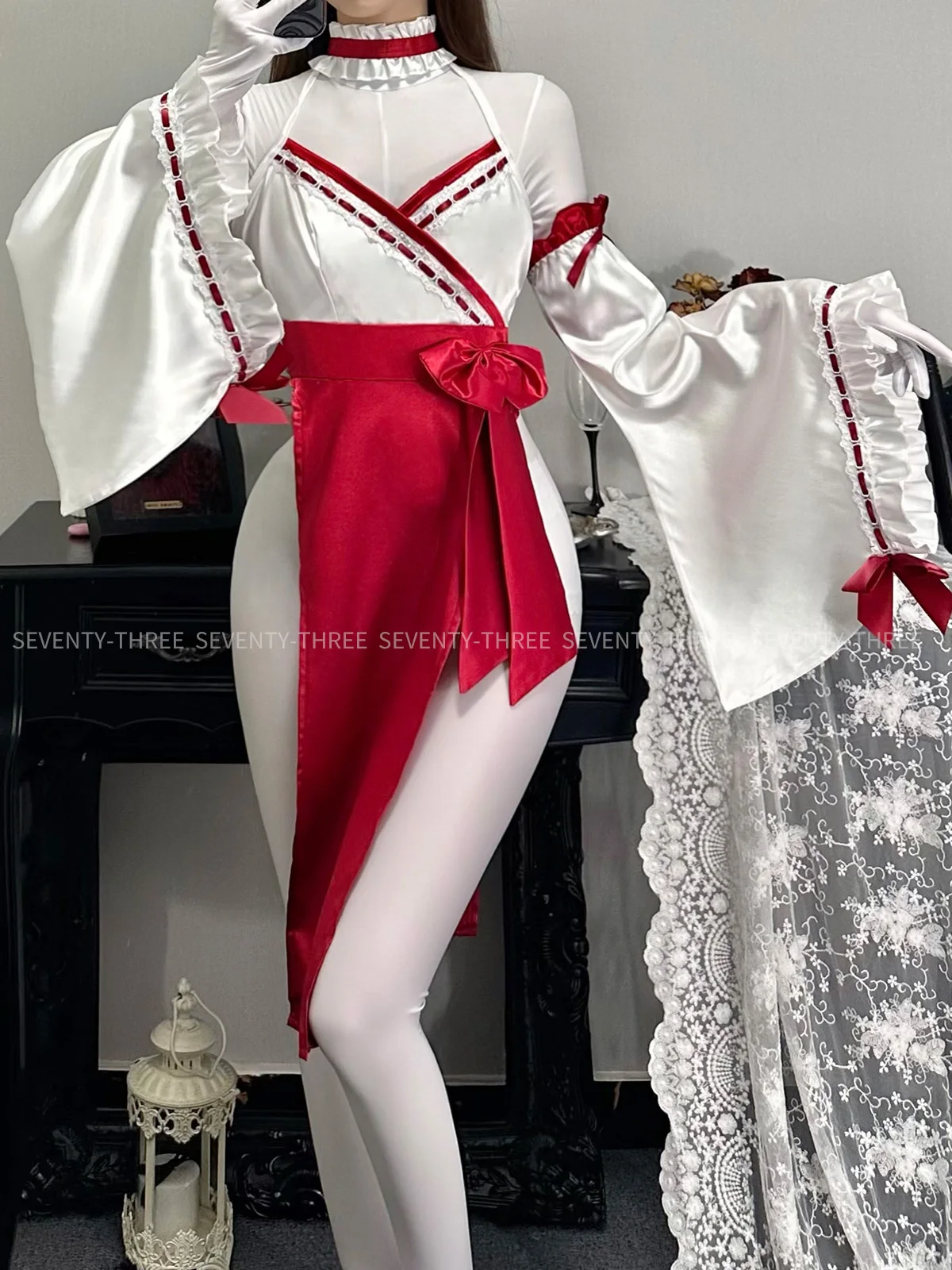 Women Japanese Anime Miko Cosplay Outfit, Red And White Kimono Bra And Panty Set Witch Cosplay Costume