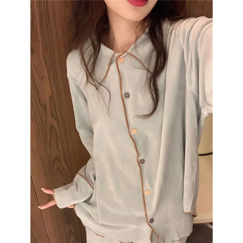 Ruffles Sleepwear Women Fleece Pajama Sets Winter Warm Piiama Button Pants Sets for Women 2 Pieces Night Wears Solid Home Suit