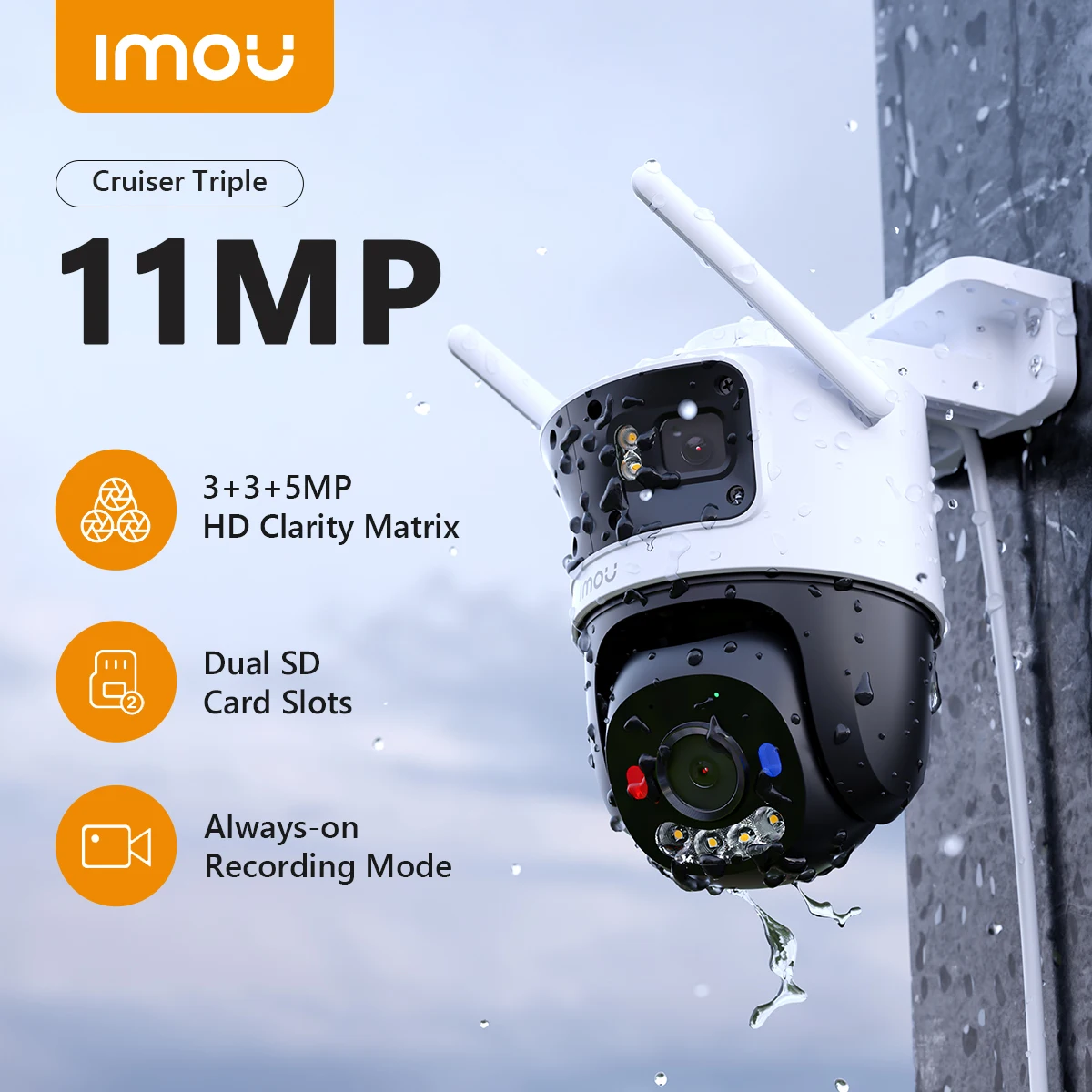 

IMOU Уличная тройная 11-мегапиксельная PTZ-камера Wi-Fi с объективом, красная/синяя сигнальная лампа, наблюдение за транспортным средством и обнаружением человека