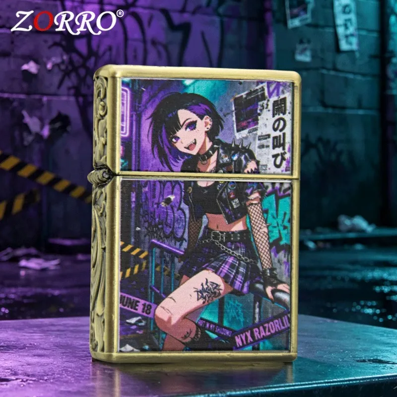 2027 New ZORRO Natural Color Printing Windproof Kerosine Lighter, Bronze Craftsmanship Boyfriend's Favorite Cigarette Lighter