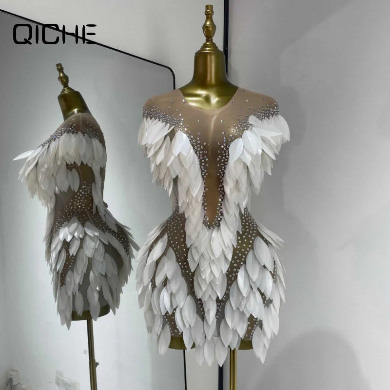 QICHE Women White Rhinestone Leaf Tulle Mini Dress Fairy Style Stage Performance Photoshoot Dress Hot Sale Party Evening Gown
