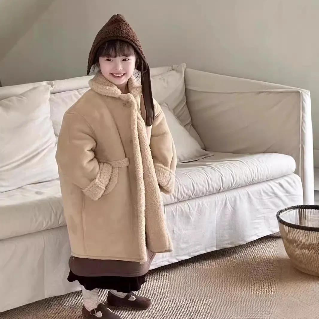 Girls Wool Coat 2024 Winter Korean Version New Coat Children Foreign Air Fur One Warm Simple Casual Fashion Long Coat Clothes