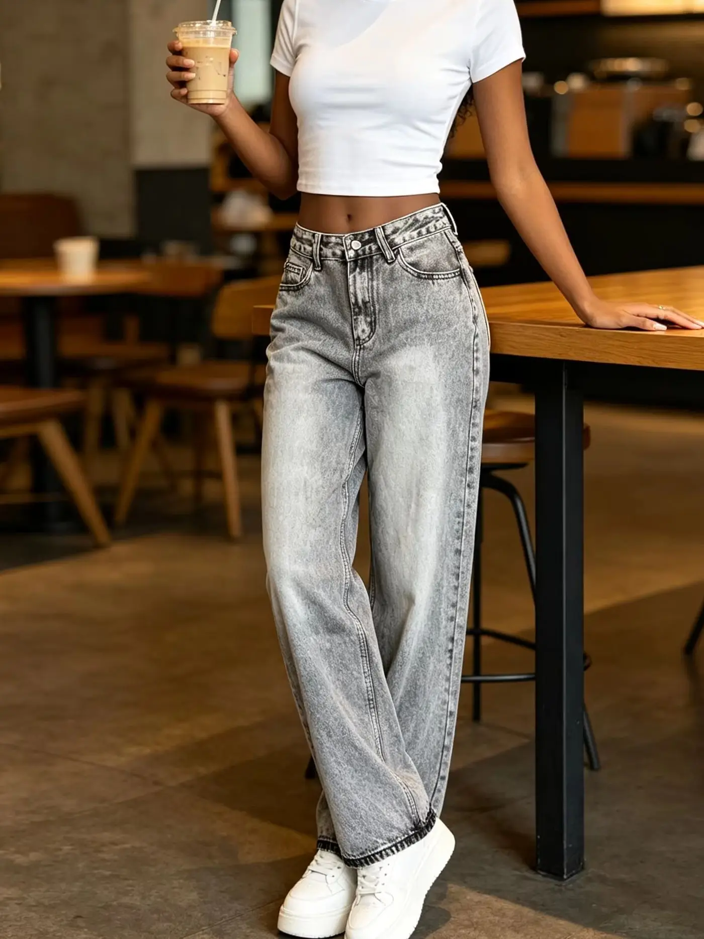 Women's Spring Autumn Grey White Washed Denim Wide Leg Long Pants American Vintage High Street Distressed Gradient Loose Tall Look Drape Denim