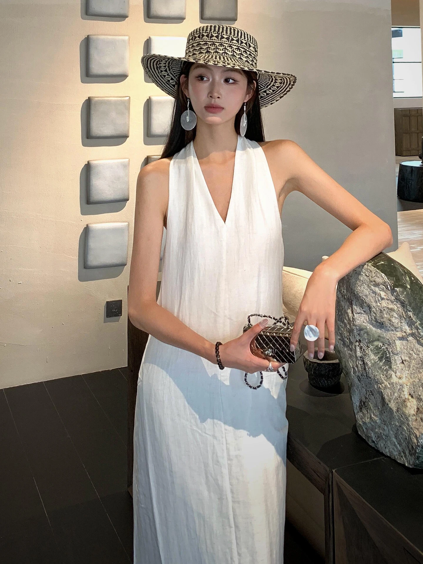 Witte V-Ne Svel Hangende Ne Strap Dr Dames Zomer Casual Losse Lange Dr Zoete Japanse Sle Hoge Taille A-lijn...